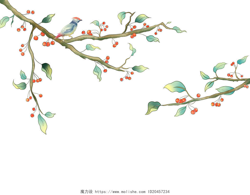彩色手绘卡通古风樱桃手绘车厘子树枝元素PNG素材
